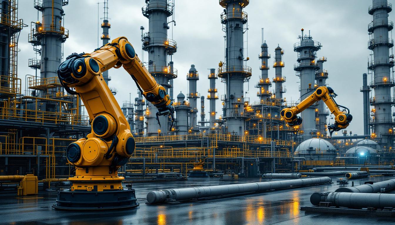 A photograph of a chevron refinery site showcasing industrial robots in action