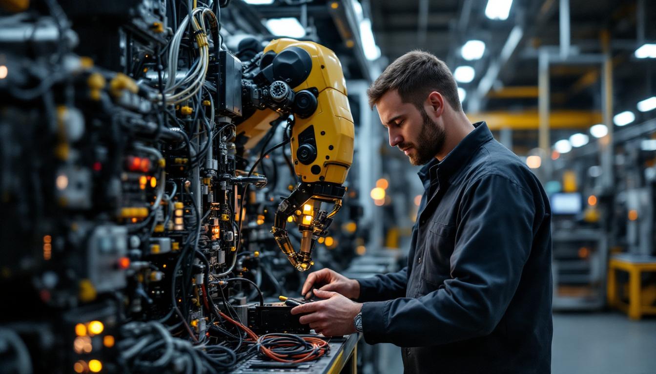 A photograph of a skilled electrical engineer working on an industrial robotic system in a modern manufacturing environment