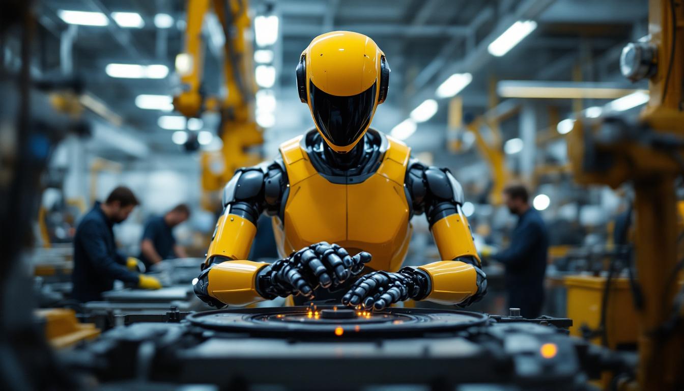 A photograph of a sleek industrial robot in action within a boston-based manufacturing facility