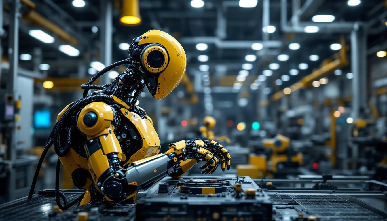 A photograph of a state-of-the-art industrial robot in action within a modern manufacturing facility