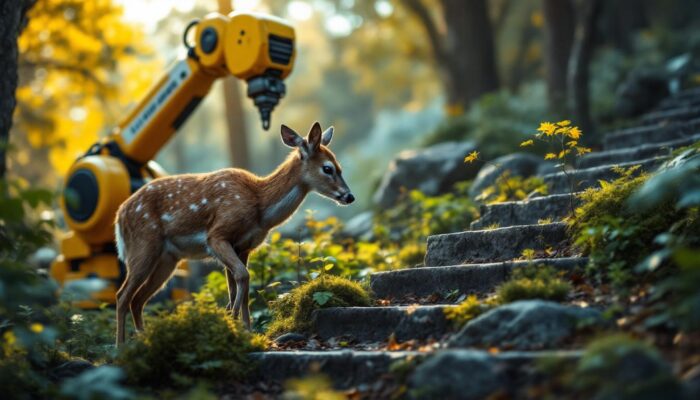 A photograph of a curious deer exploring a set of stairs in a natural setting