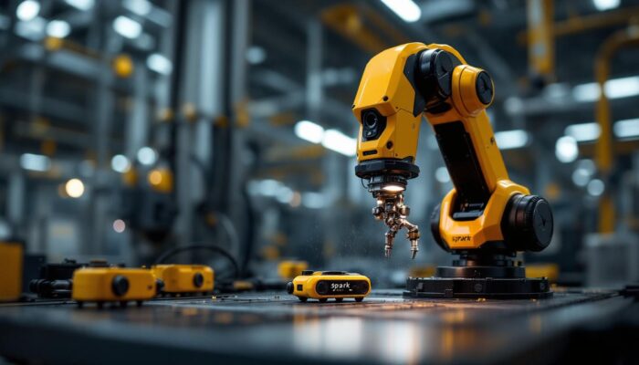 A photograph of capture a photograph of the spark mini 2 industrial robot in action