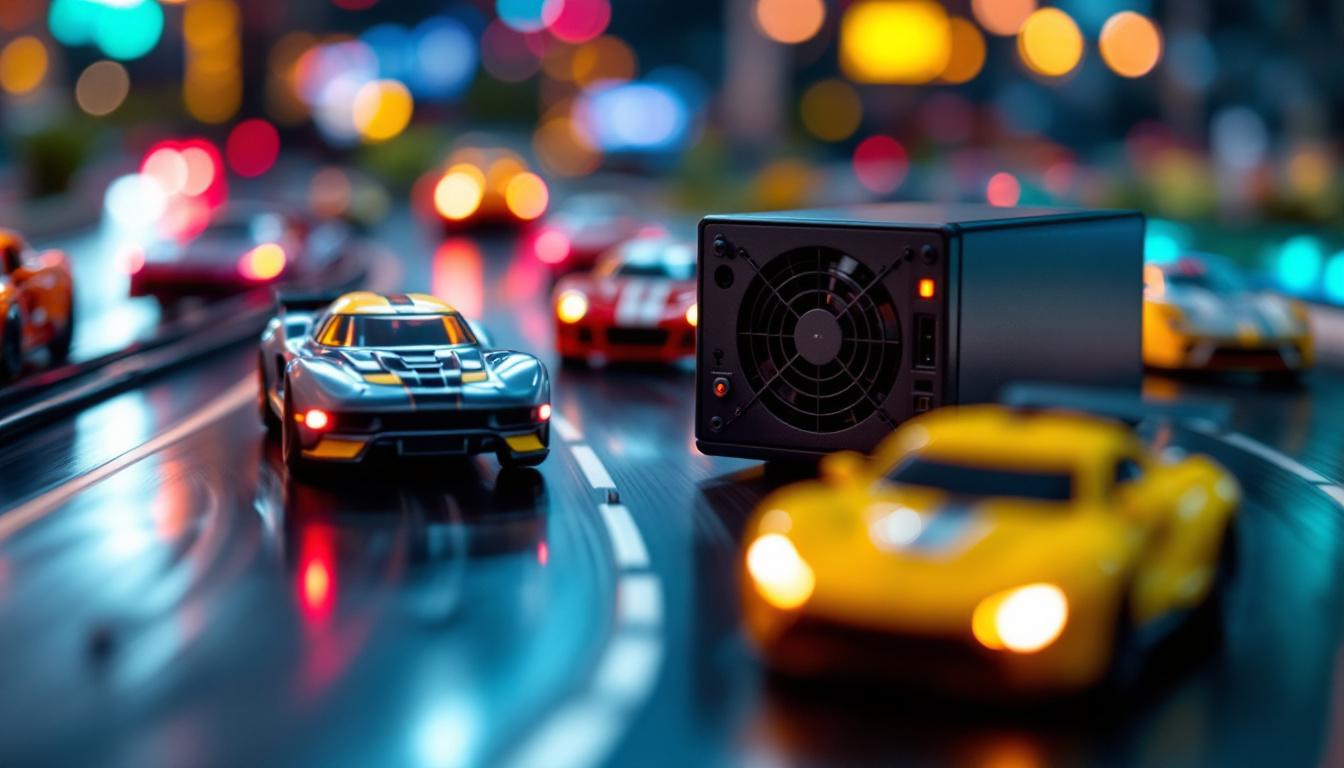A photograph of a dynamic slot car racing scene featuring a close-up of a high-quality power supply unit