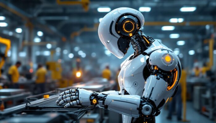 A photograph of a sleek industrial robot in action within a bustling factory setting