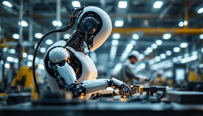 A photograph of a sleek industrial robot in action within a modern manufacturing environment
