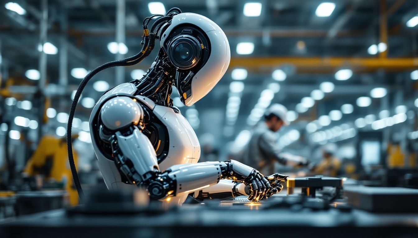 A photograph of a sleek industrial robot in action within a modern manufacturing environment
