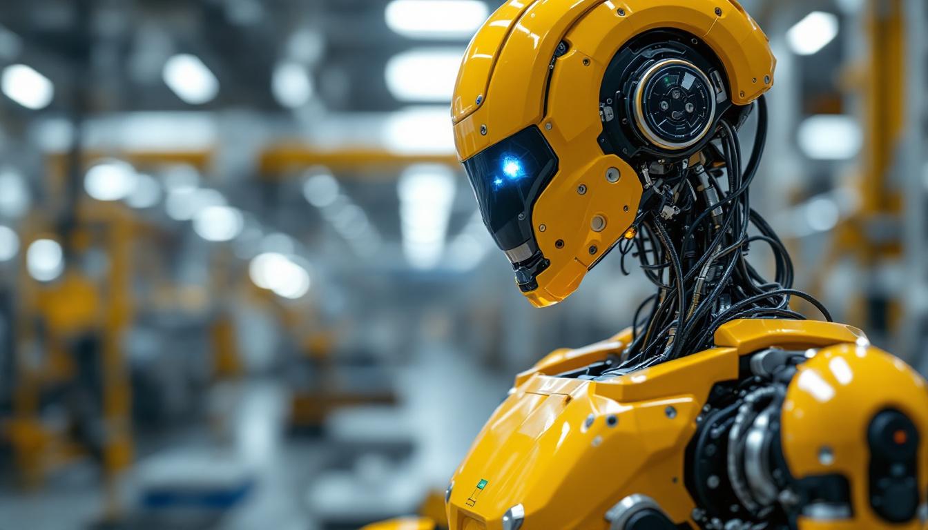 A photograph of a close-up shot of an industrial robot in a factory setting