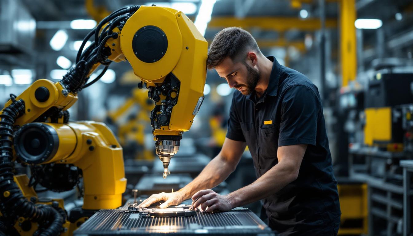 A photograph of a skilled technician working alongside an industrial robot in a modern manufacturing environment