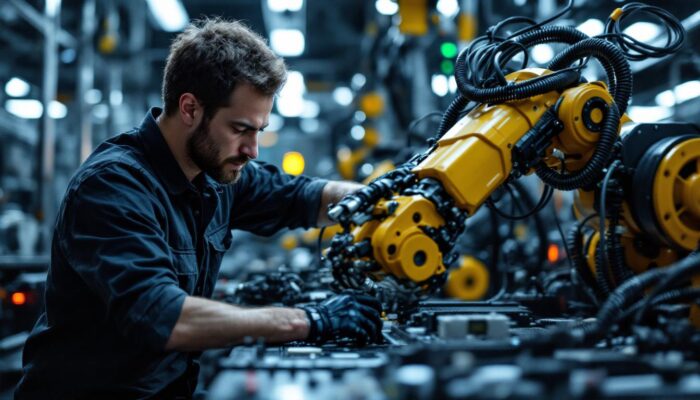A photograph of a senior electrical engineer working intently on an industrial robotic arm