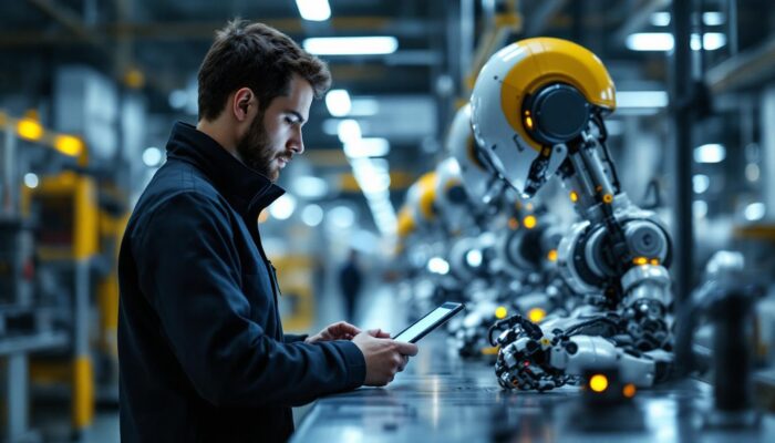 A photograph of a skilled sr it engineer working alongside industrial robots in a modern manufacturing setting