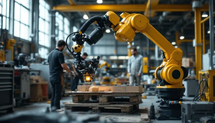 A photograph of a dynamic scene featuring an agility robotics robot in an industrial setting