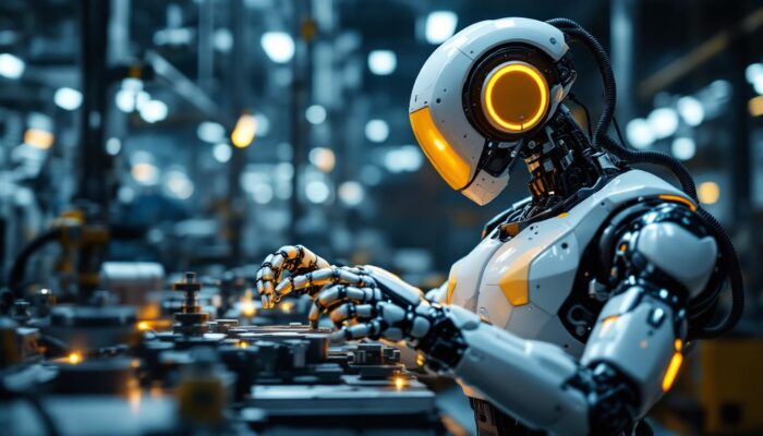 A photograph of a modern industrial robot in action within a manufacturing environment