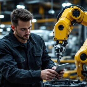 A photograph of a skilled technician working on an industrial robot in a modern manufacturing facility
