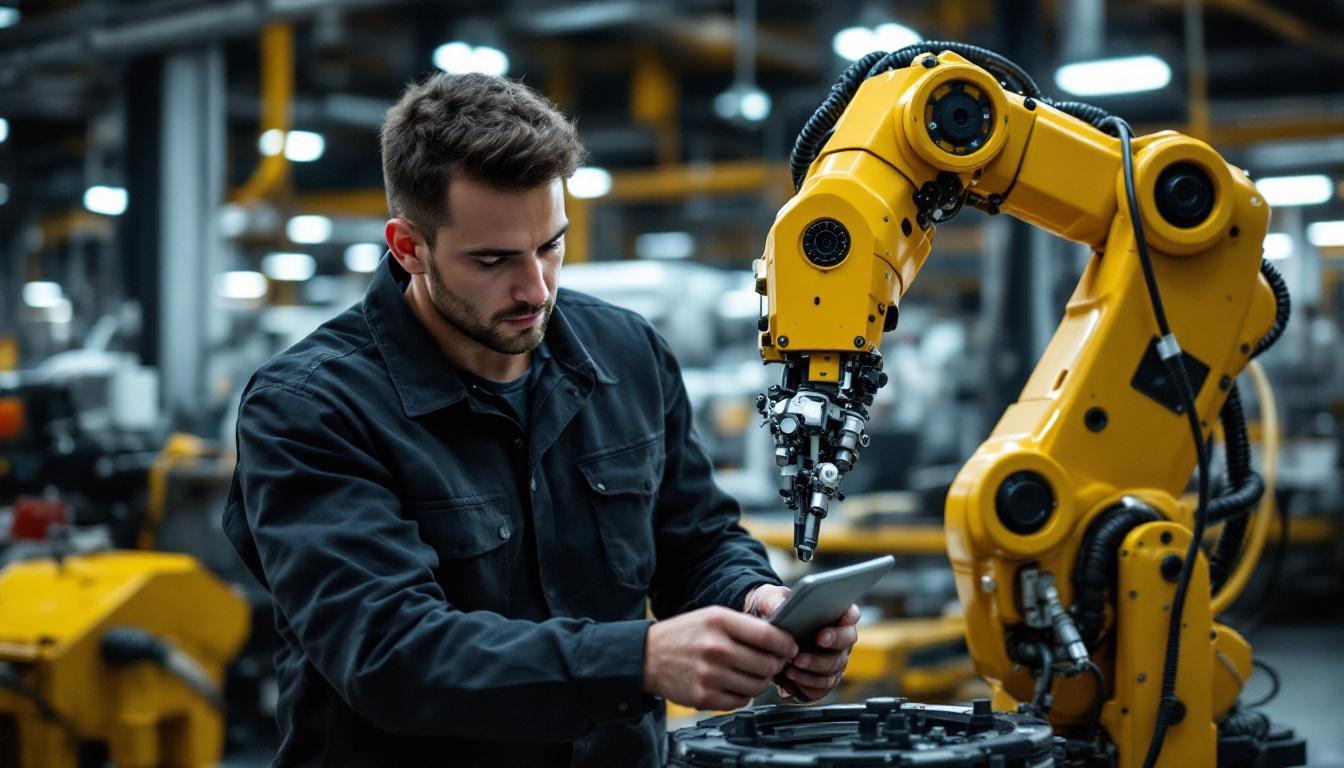 A photograph of a skilled technician working on an industrial robot in a modern manufacturing facility
