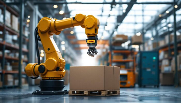 A photograph of a dynamic industrial robotic arm in action within a busy dhl warehouse setting in nyc