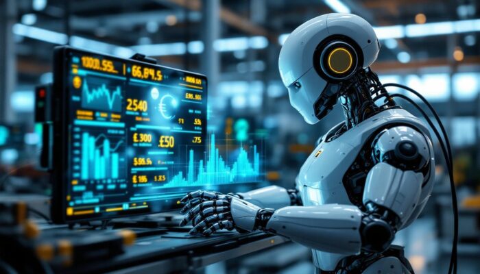 A photograph of a sleek industrial robot in action within a modern manufacturing environment