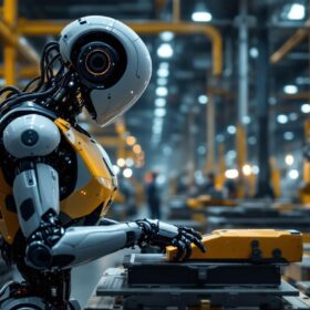 A photograph of a sleek industrial robot in action within a modern manufacturing facility