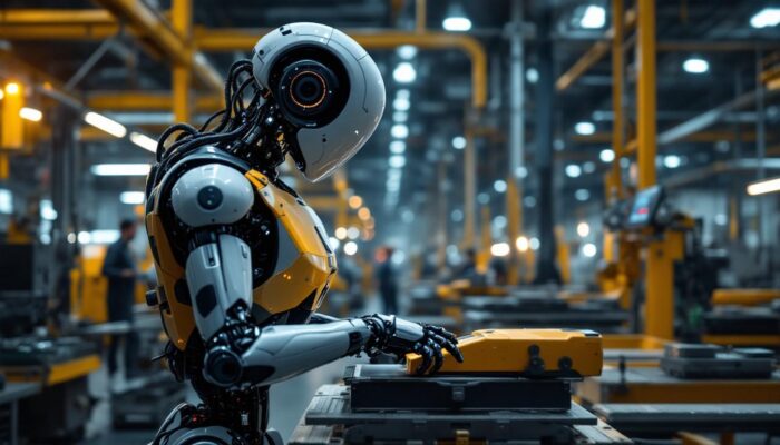 A photograph of a sleek industrial robot in action within a modern manufacturing facility