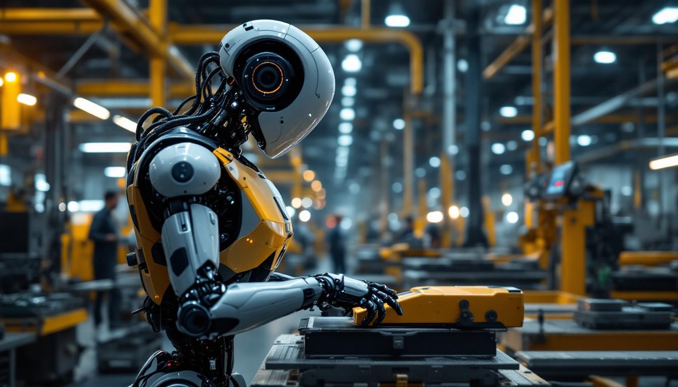 A photograph of a sleek industrial robot in action within a modern manufacturing facility