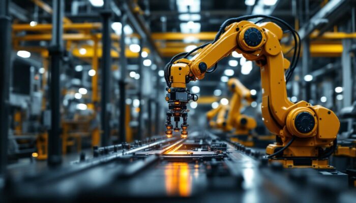 A photograph of a modern industrial robotic arm in action within a manufacturing facility in massachusetts