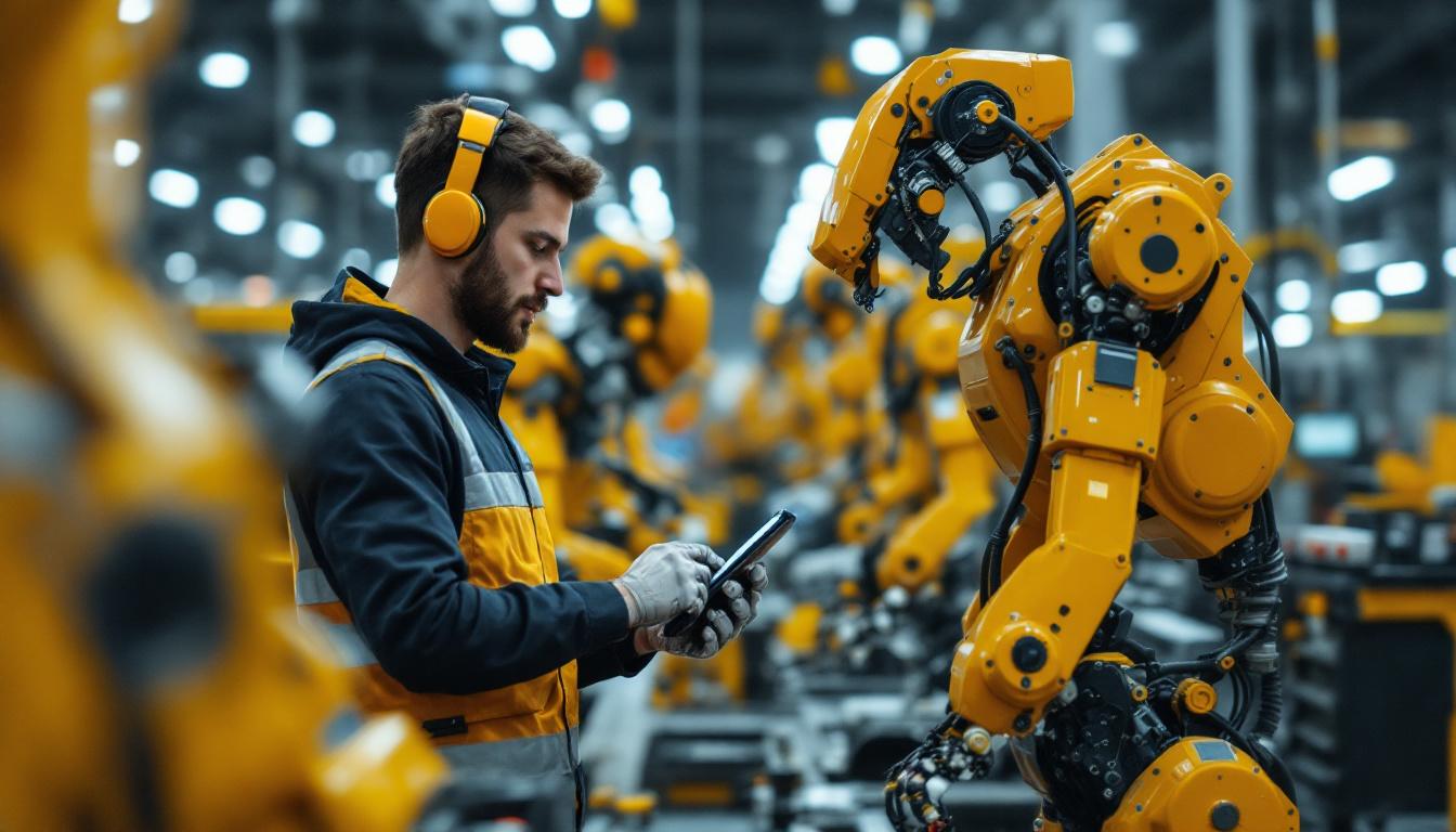 A photograph of a skilled electrical intern working alongside industrial robots in a modern manufacturing setting
