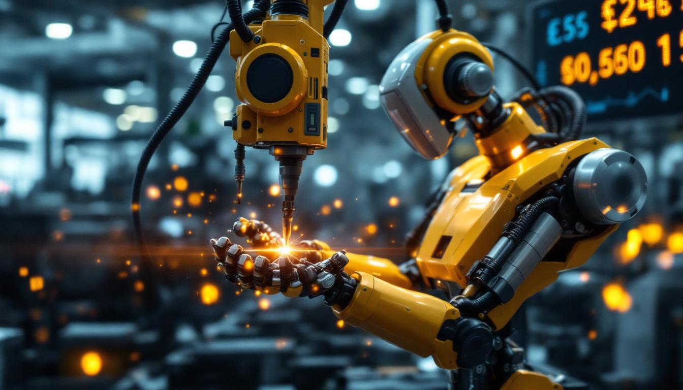 A photograph of a modern industrial robot in action within a manufacturing setting