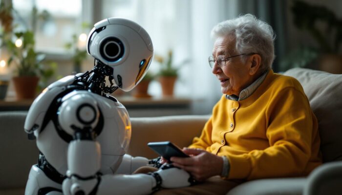 A photograph of a robotic caregiver interacting with an elderly person in a warm