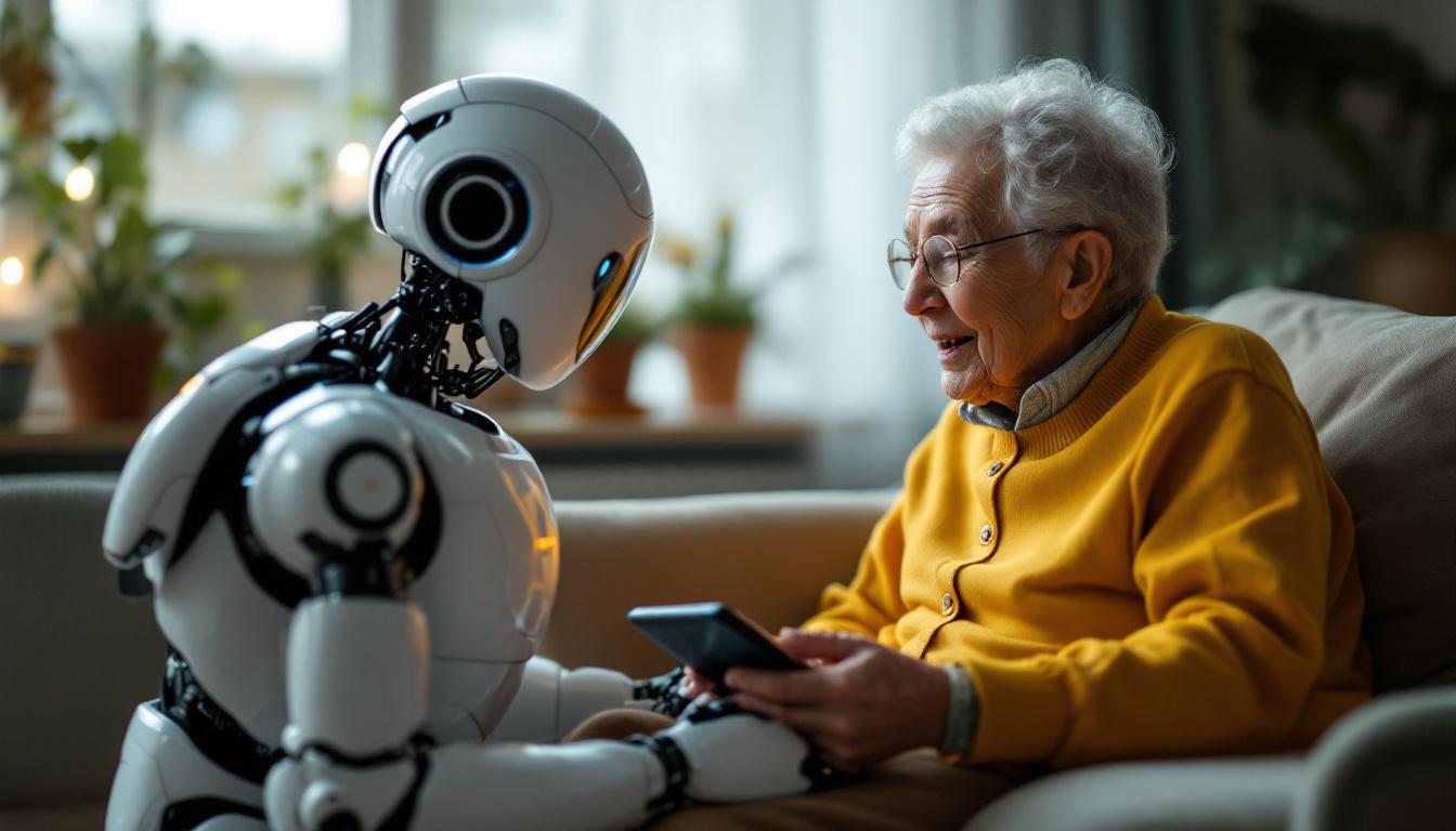 A photograph of a robotic caregiver interacting with an elderly person in a warm