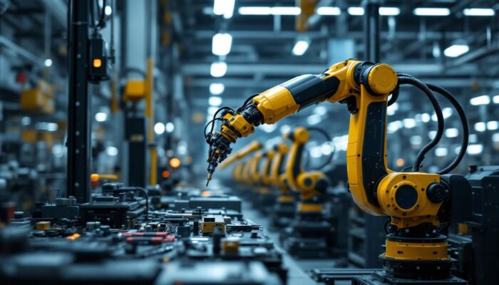 A photograph of a sleek industrial robotic arm in action within a modern manufacturing facility