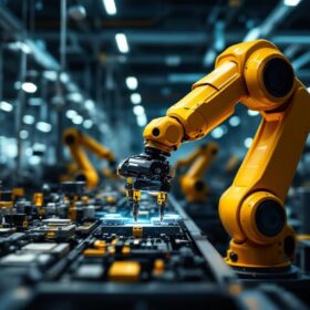 A photograph of a sleek industrial robotic arm in action within a modern manufacturing environment