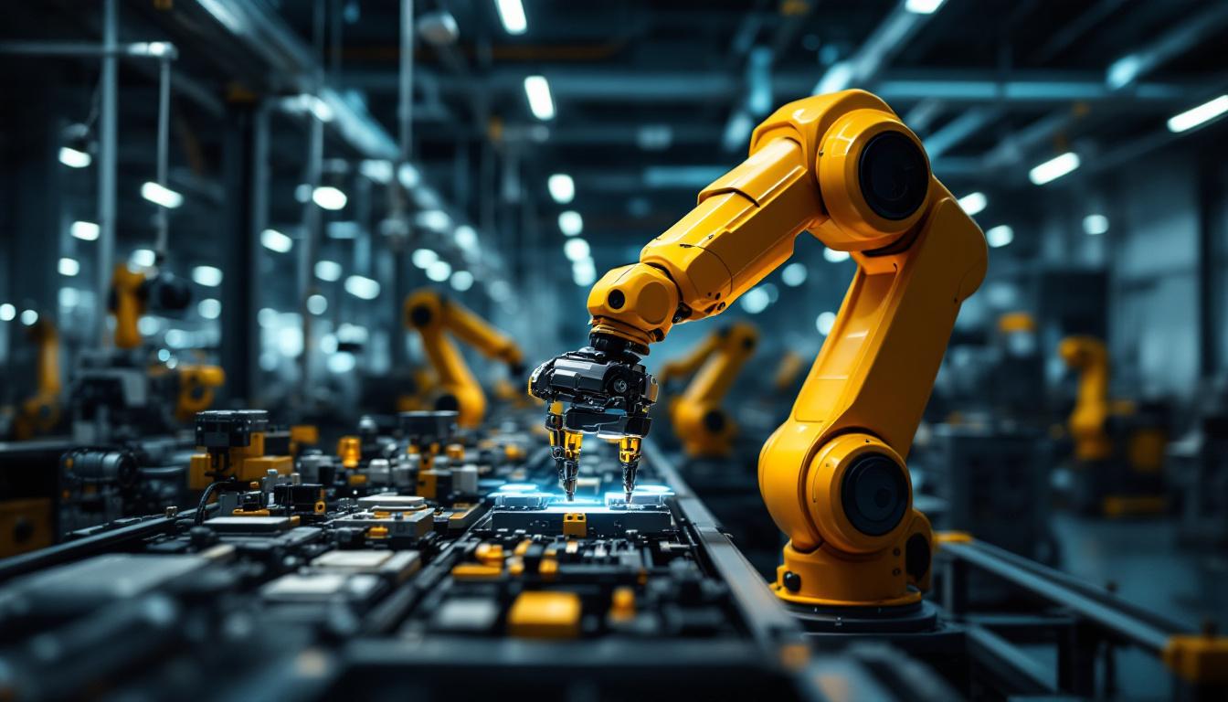 A photograph of a sleek industrial robotic arm in action within a modern manufacturing environment