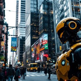 A photograph of a bustling boston street scene that highlights the contrast between the city's historic architecture and modern industrial robotics