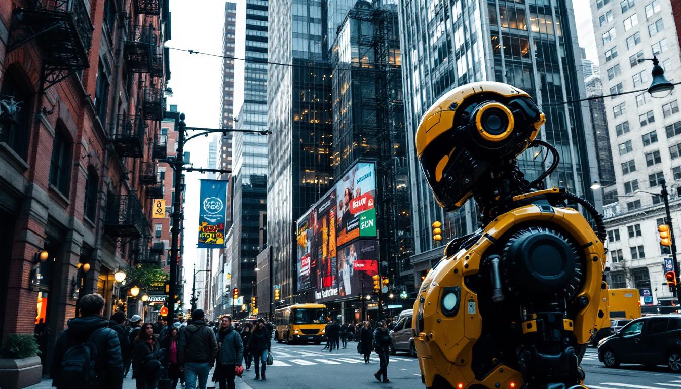 A photograph of a bustling boston street scene that highlights the contrast between the city's historic architecture and modern industrial robotics