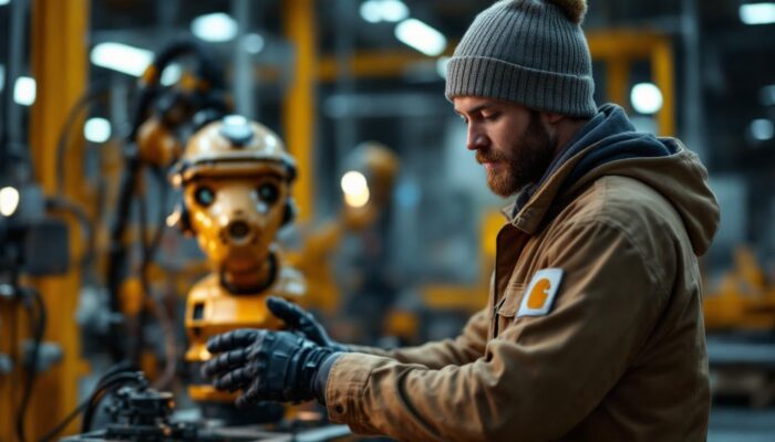 A photograph of a beanie carhartt-wearing worker interacting with an industrial robot in a factory setting