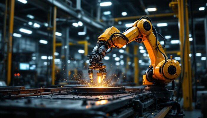 A photograph of capture a photograph of an industrial robotic arm in action