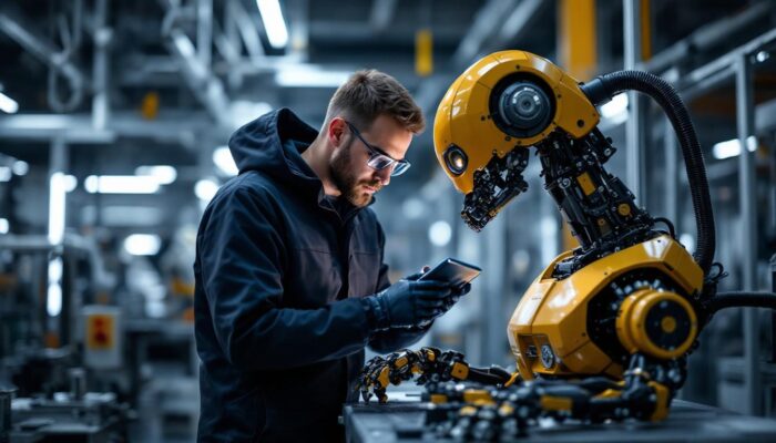 A photograph of a skilled technician conducting an inspection on an industrial robot in a factory setting