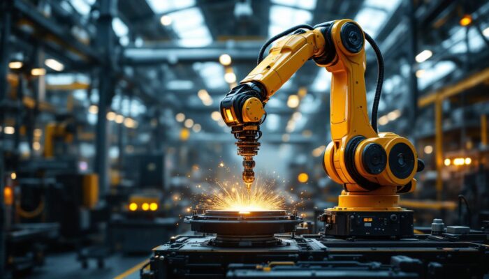 A photograph of a sleek industrial robotic arm in action