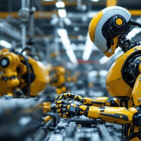 A photograph of a sleek industrial robot in action within a manufacturing environment