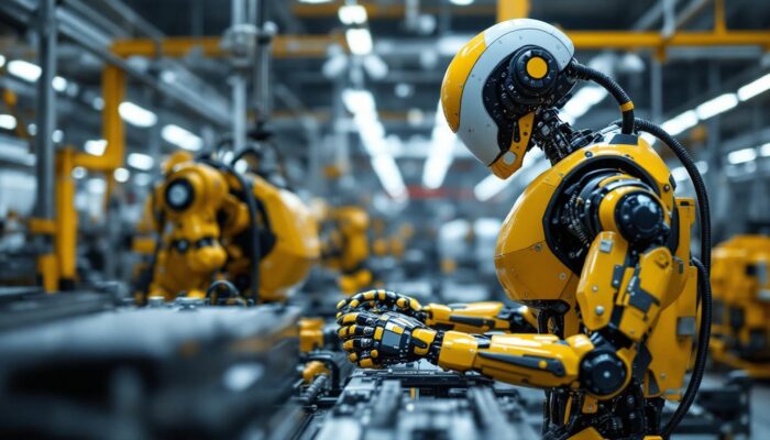 A photograph of a sleek industrial robot in action within a manufacturing environment