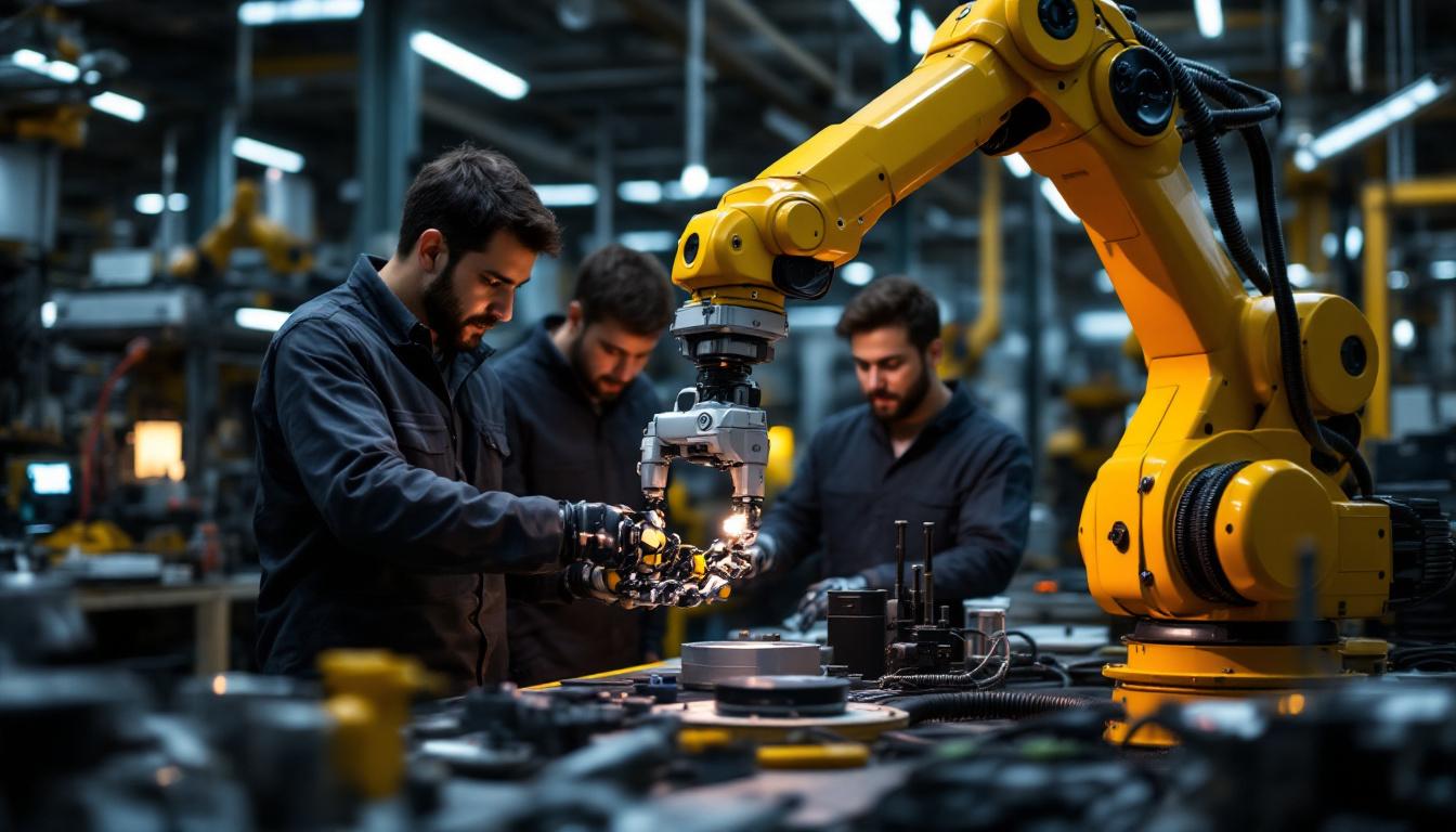 A photograph of a dynamic industrial robotics workspace