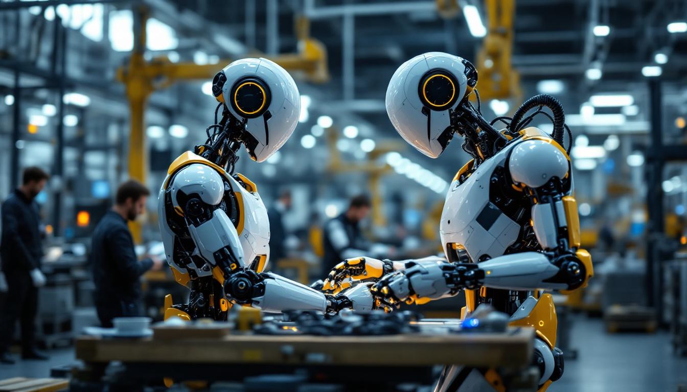 A photograph of a sleek industrial robot in action within a modern manufacturing facility