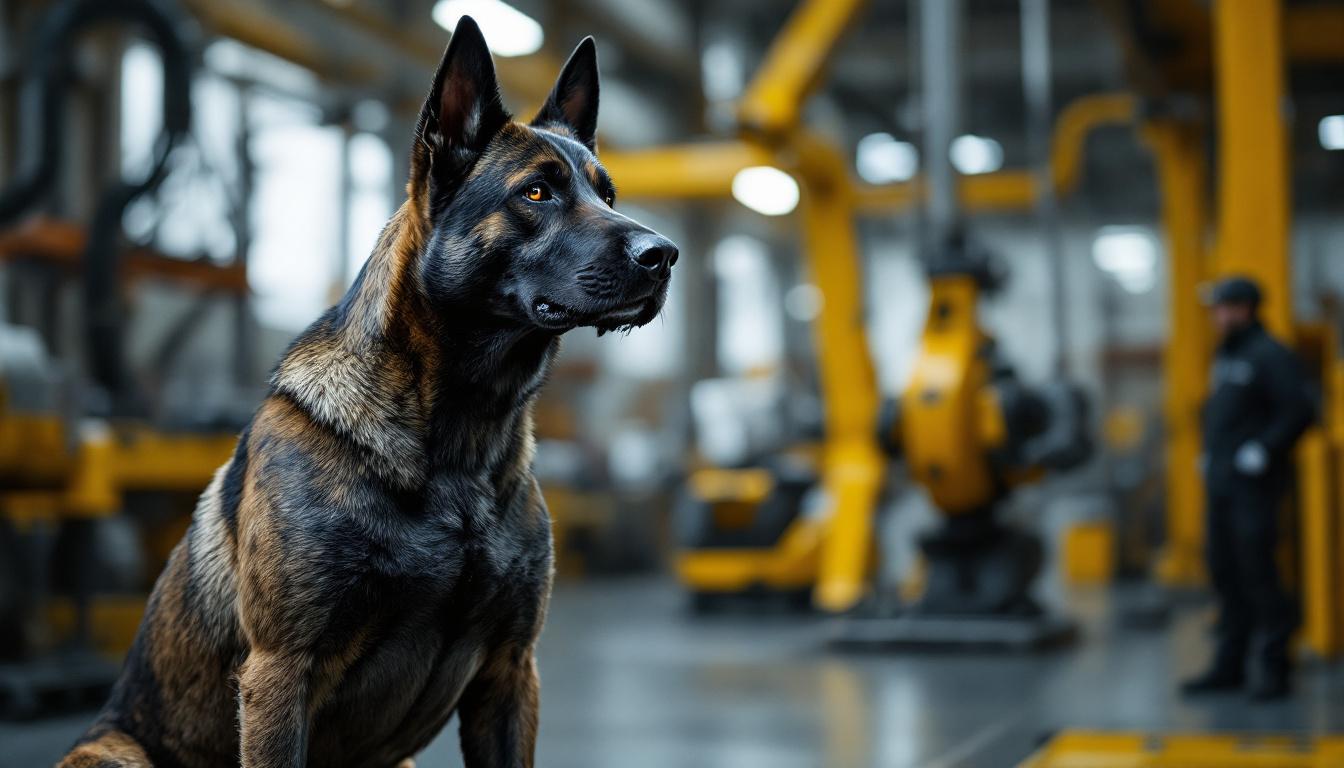 A photograph of a strong and alert guard dog standing protectively in an industrial setting