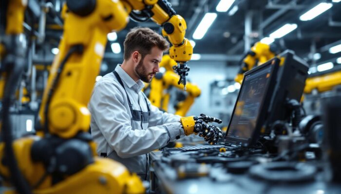 A photograph of a skilled sr staff software engineer working collaboratively with industrial robots in a modern