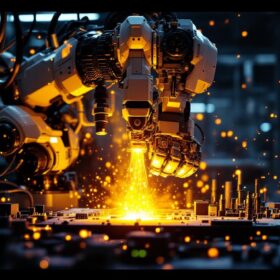 A photograph of a sleek industrial robot in action