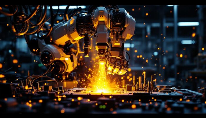 A photograph of a sleek industrial robot in action