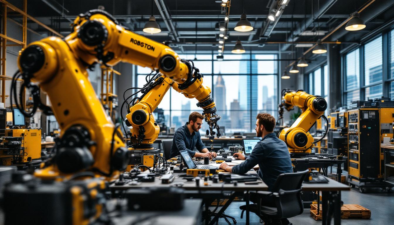 A photograph of a dynamic industrial robotics workspace in boston