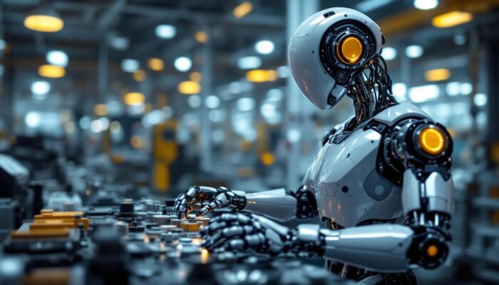 A photograph of a sleek industrial robot in action within a modern manufacturing environment