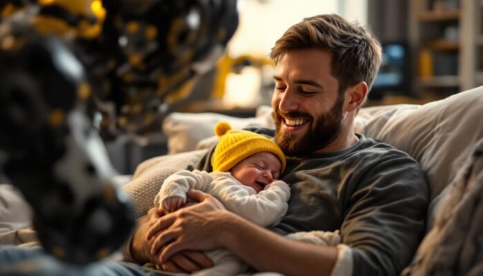 A photograph of a father joyfully interacting with his newborn at home