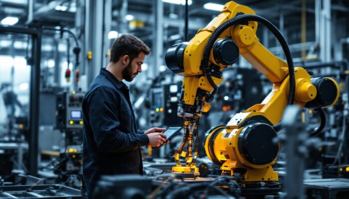 A photograph of a skilled technician programming or operating an industrial robot in a modern manufacturing facility
