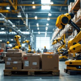 A photograph of a busy warehouse environment showcasing industrial robots in action